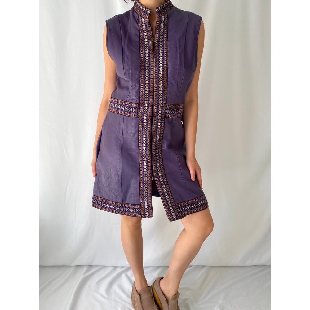 60s vintage purple genuine leather embroidered hippy mod zip up midi dress vest